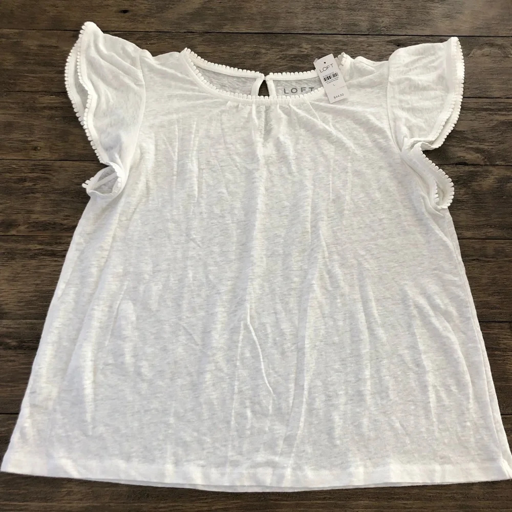 NWT Loft Size Large 100% Linen White Flutter Sleeve Summer Top‎ Crochet Accent L